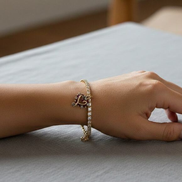 Tennis Bracelet Heart Diamond & Ruby Accent 18K Gold Over Sterling Silver NEW - Picture 1 of 11